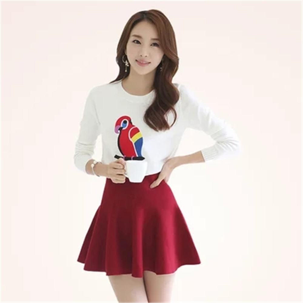 Spring autumn Women fashion Two Piece Dress Sets Parrot bird print sweater+ Short skirt casual suit red white cute lady Streetwear knit