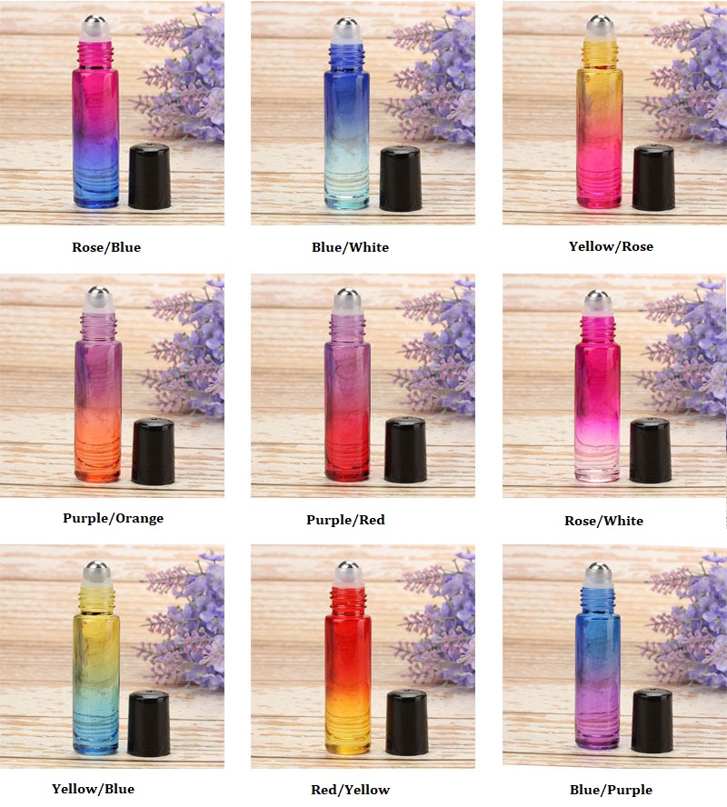 Color gradient 10 ml Glass Essential Oils Roll-on Bottles with Stainless Steel Roller Balls Roll on Bottle 9 Colors 8 caps