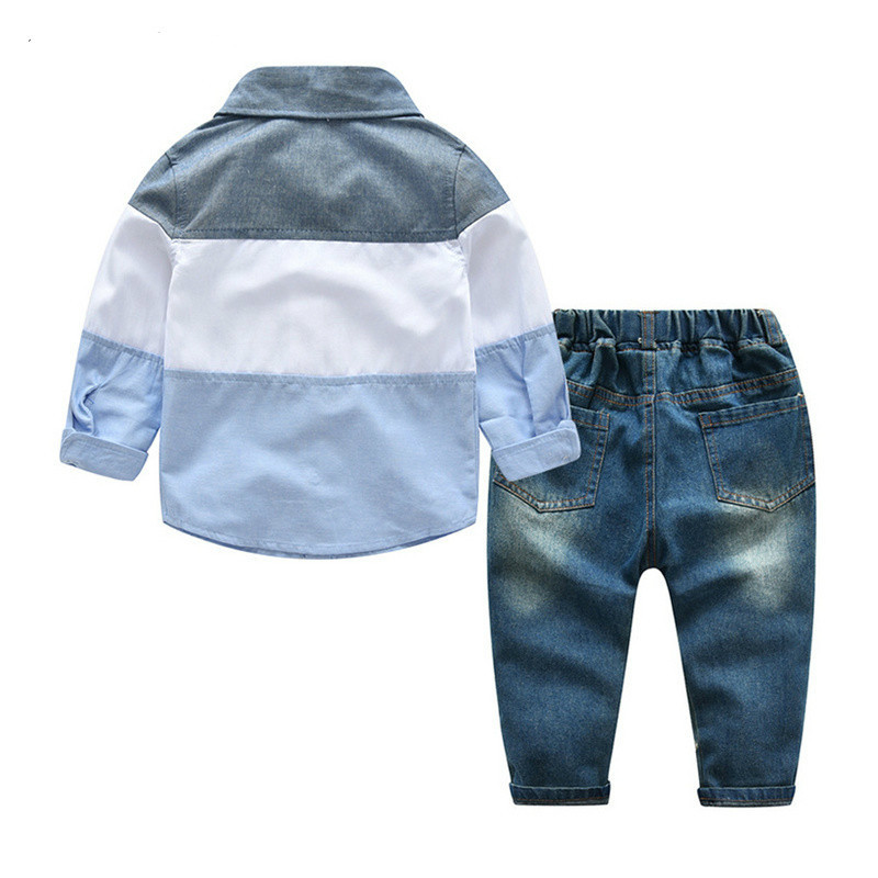 Spring Autumn Casual Boys childrens Clothes Sets Cotton Striped Shirts + Ripped Jeans Pants 2Pcs/set Gentleman Kids clothing Clothes