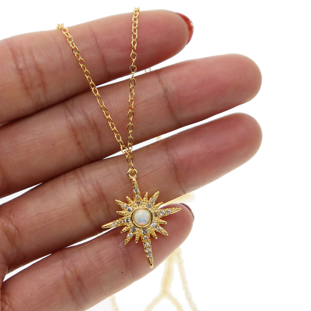 fashion gold plated jewelry northstar pendant necklace with clear cz white fire opal gemstone starburst 2021 christmas gift jewelry