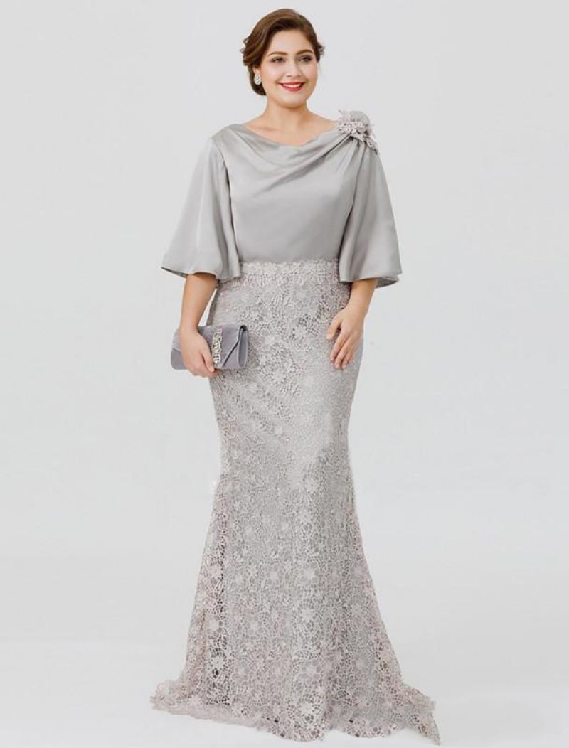 Silver Plus Size Mother of The Bride Dresses Lace Applique Half Long Sleeve Mother's Gown Mermaid Formal Dress Evening Wear Sweep Train