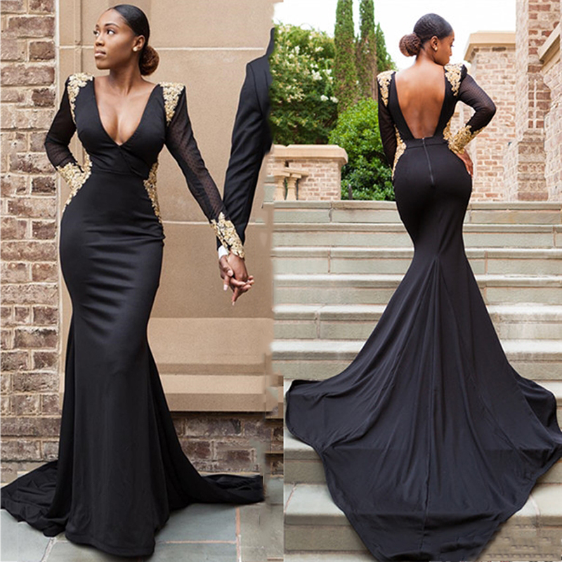 Gorgeous V neck Prom Dresses Long Sleeves Black Mermaid Sexy Backless Gold Appliques Evening Party Dress Formal Prom Gowns Special Dress, Same as picture
Gorgeous V neck Prom Dresses Long Sleeves Black Mermaid Sexy Backless Gold Appliques Evening Party Dress Formal Prom Gowns Special Dress, Same as picture