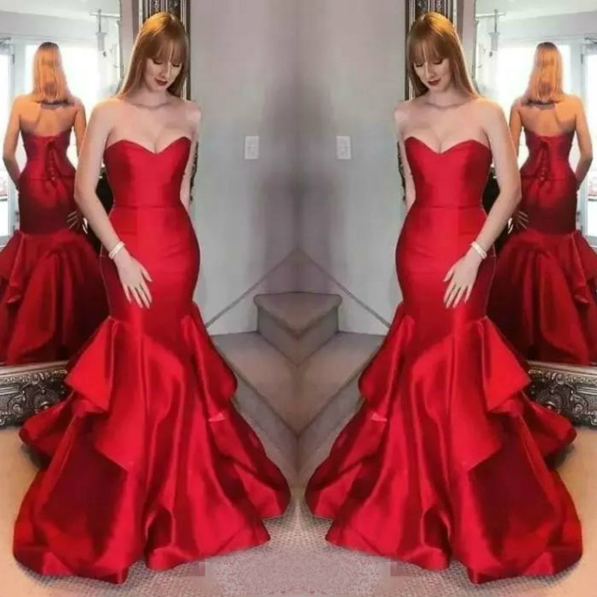 Red Sweetheart Mermaid Evening Dresses Elastic Satin Tiered Ruffles Lace Up Back Sweep Train Prom Dress Runway Fashion