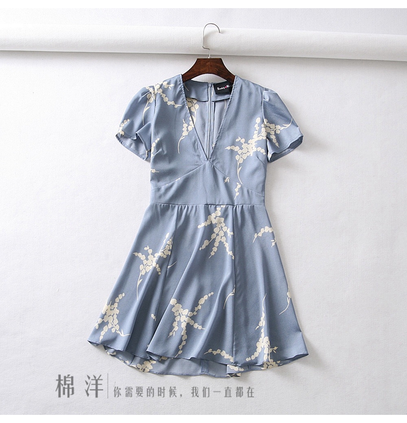 New european design women's fashion flower dots print short sleeve v-neck high waist slim waist a-line short dress French style vestidos