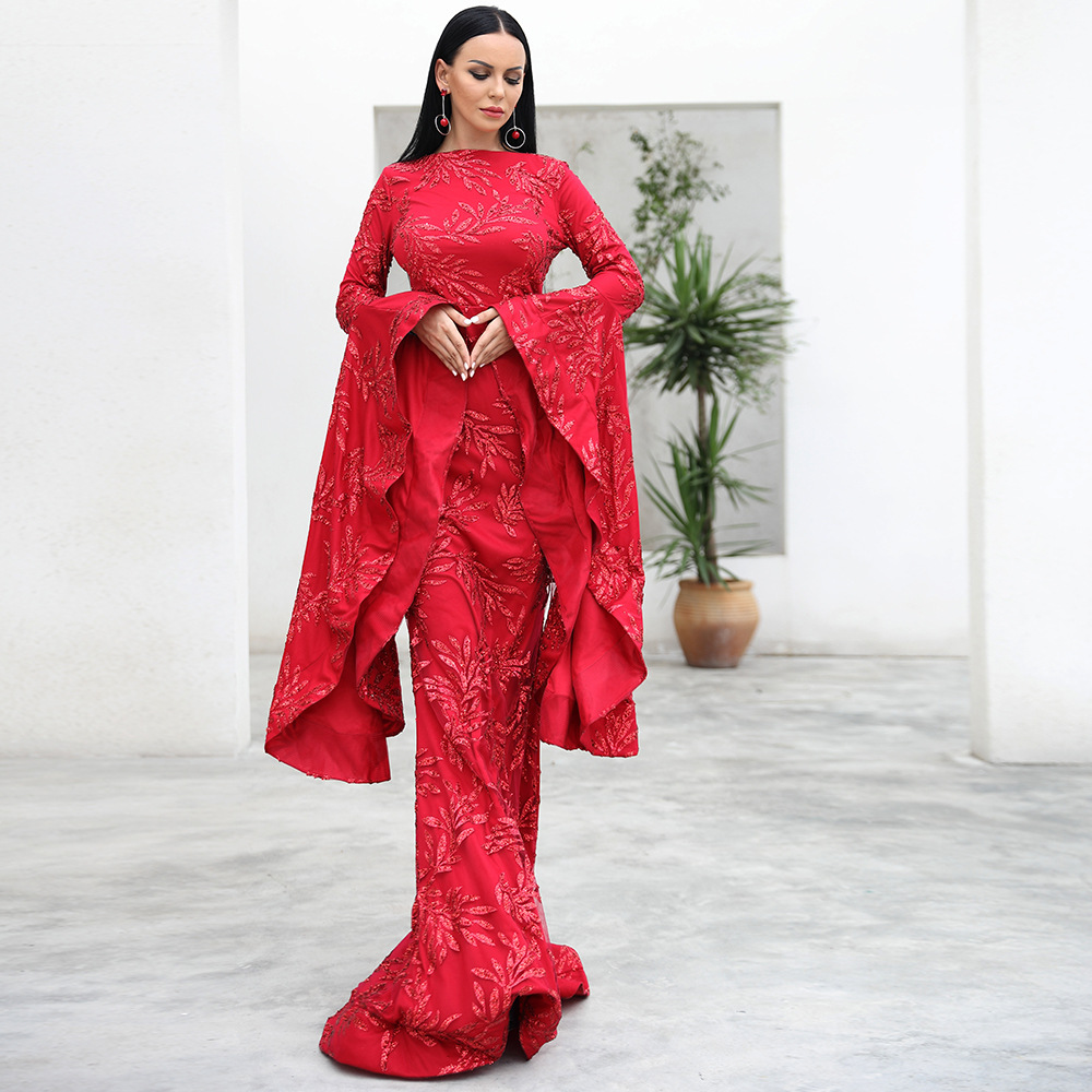 Red Poet Flare Long Sleeve Evening Dress Bling Sequin High Neck Formal Long Trumpet Sleeves Sheath Party Prom Gowns Special Occasion Dresses