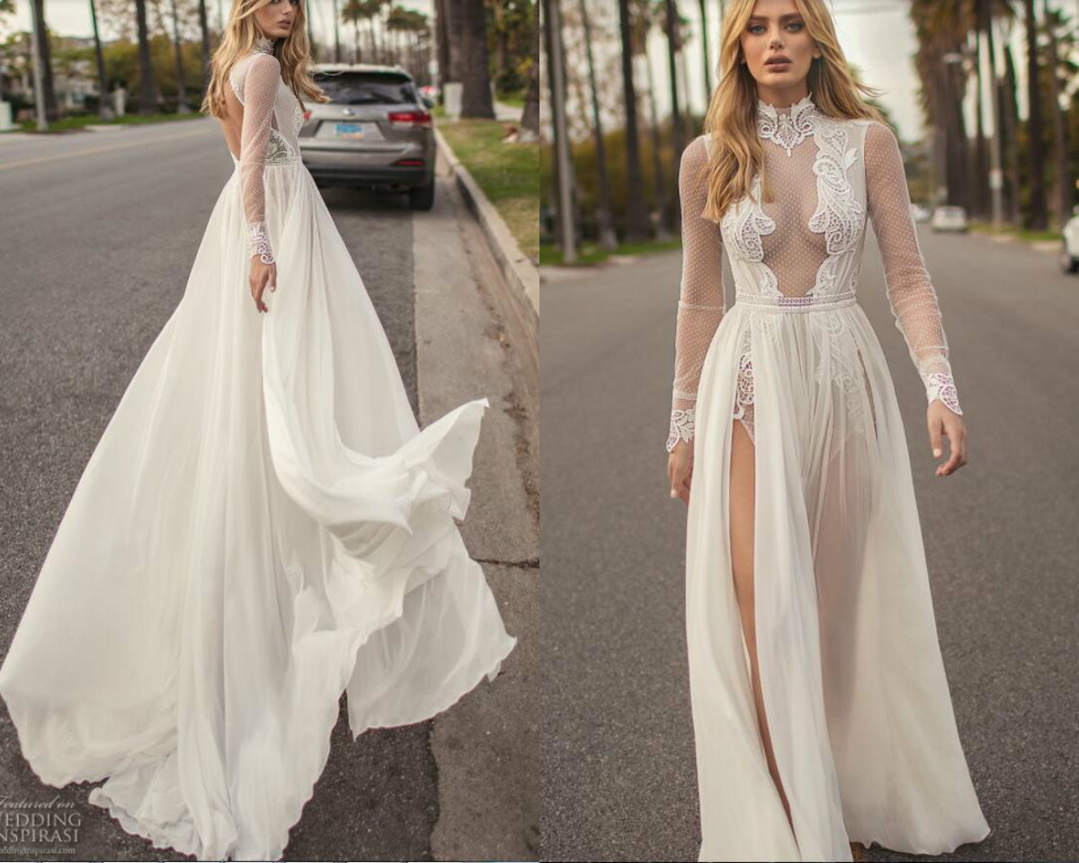 2019 Muse By Berta Bohemian Wedding Dresses A Line Lace Applique Side Split High Neck Sexy Beach Wedding Gowns Plus Size Bridal Dress