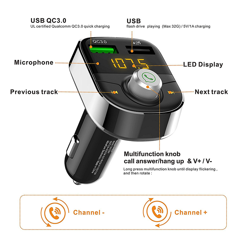 Multifunctional Bluetooth Car Adaptor - FM Transmitter, Hands-Free Call Support, and Rapid Charge USB Interface
