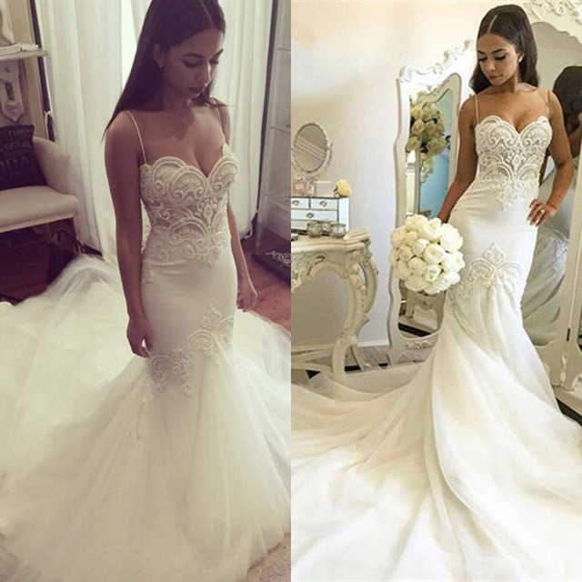 Sexy Ivory White Backless Mermaid Wedding Dresses Vintage Lace Spaghetti Straps Tulle Court Train Bridal Gowns Trumpet Vestido De Noiva