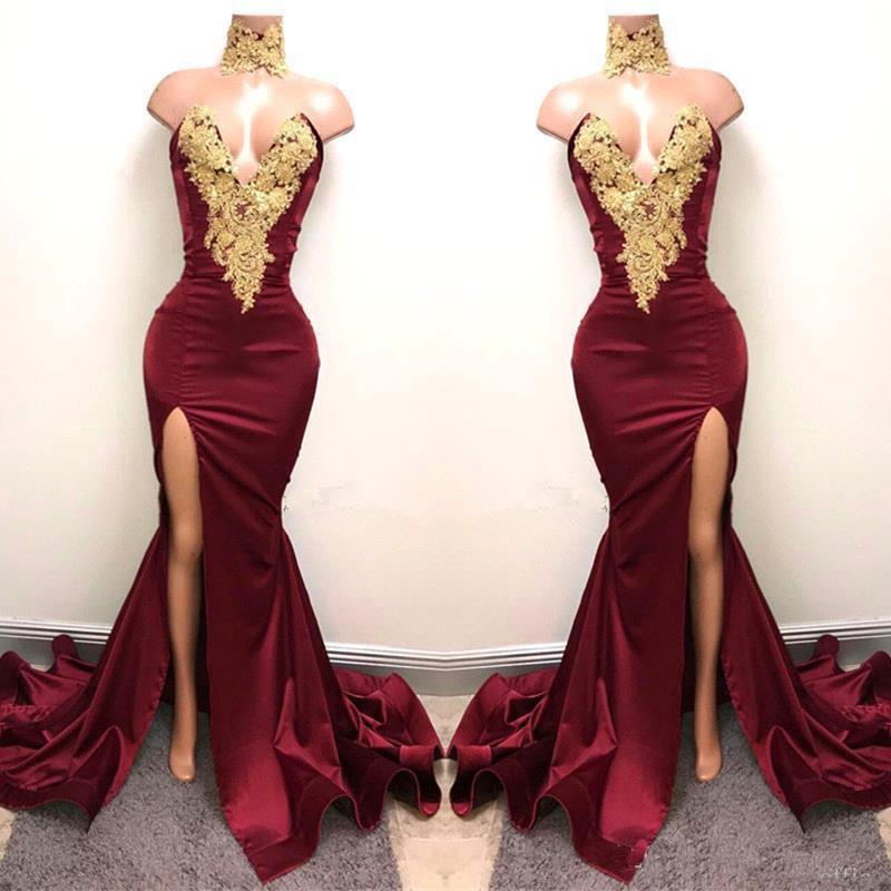 Sexy Burgundy Prom Dresses with Gold Lace Appliqued Mermaid Formal Wear Front Split for Long Party Evening Wear Gowns, Ivory
Sexy Burgundy Prom Dresses with Gold Lace Appliqued Mermaid Formal Wear Front Split for Long Party Evening Wear Gowns, Ivory