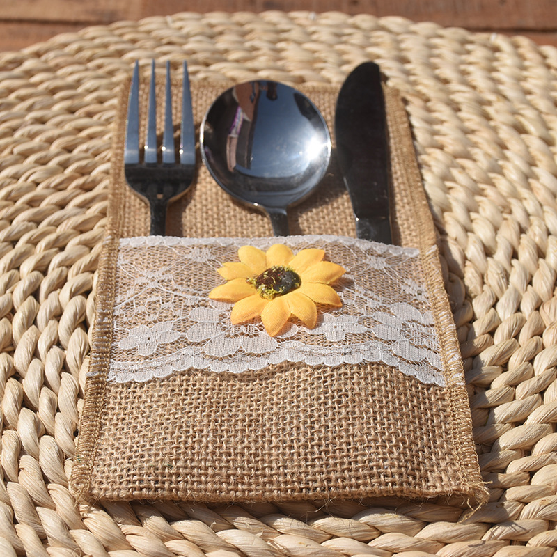Wholesale Burlap Silverware Napkin Holders with Rustic Sunflower and Lace Cover,Cutlery Pouch for Vintage Wedding Table Decor or Shower