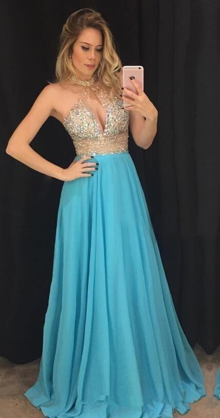Hot Sale Bling 2019 Prom Dresses Crystal Beading Halter Neck Formal Evening Gowns Sexy Illusion A Line Chiffon Girls Party Dress M44 0510