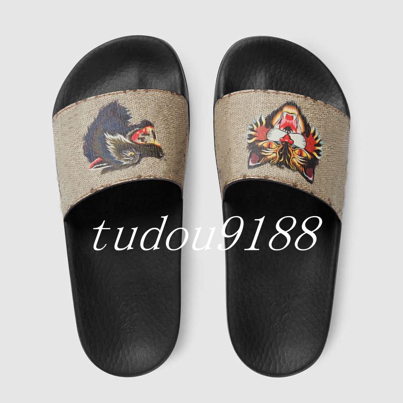 mens and womens fashion angry wolf and angry cat printing leather flat slide sandals with rubber sole size euro 35-45, Black