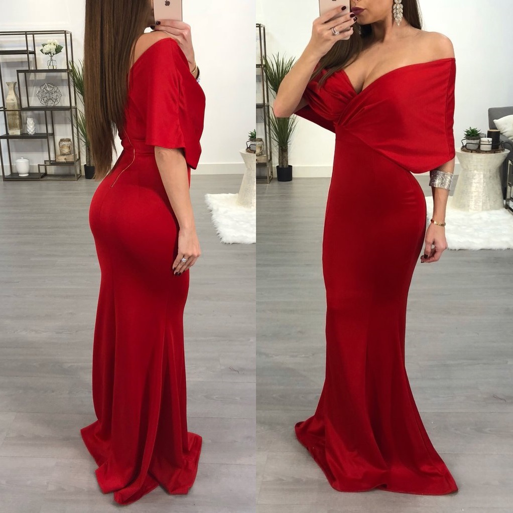 Cheap Elegant Evening Dresses In Stock Off Shoulder Ruffle Backless Stain Mermaid Prom Dress Four Colors S-XL