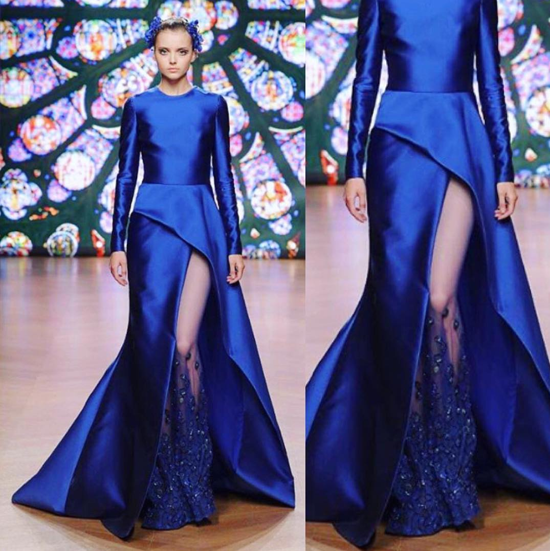 Long Sleeve Designer Prom Dresses Jewel Neck Side Split Crystals Appliqued Blue Taffeta Evening Gowns Custom Made Cocktail Party Dresses