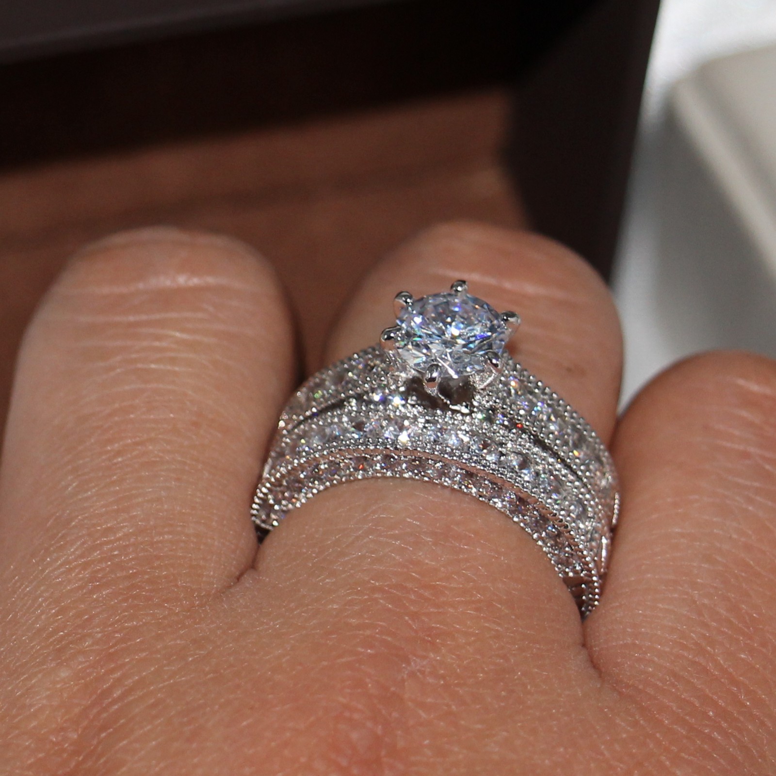 Retro Jewelry Lovers Claw Set 8mm Topaz Gem 14KT White Gold Filled 2-in-1womens Engagement Wedding Ring Set for christmas gift Sz 5-11