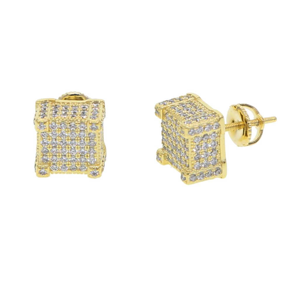 Men's Hip Hop Gold Screw Earrings: Iced Out Square-Shaped CZ Micro-Paved Studs