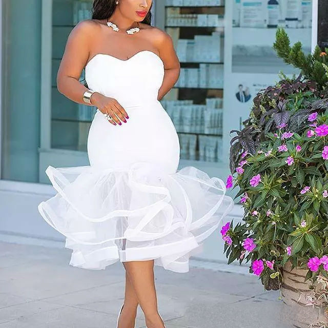 Pure White Women Short Prom Dresses Sweetheart Mermaid Tiered Ruffles Evening Gowns Tea Length Plus Size Formal Party Dresses Cheap