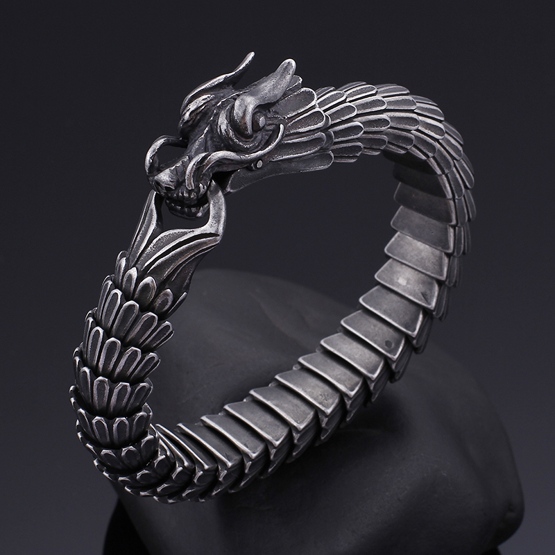 Chinese Dragon Scales Link Chain Bracelets Retro Ancient Silver Solid Stainless Steel Men Bangle