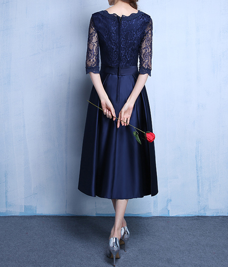 Elegant Satin with Lace Tea Length Mother of the Bride Dresses Detachable Bow Wedding Party Dresses Half Sleeves L&P DQL Studio