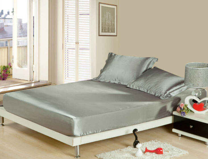 Imitated Silk Bed Sheets Solid Color Satin Bed Sheet Cover Bedspread Twin Full Queen Size Grey Black White