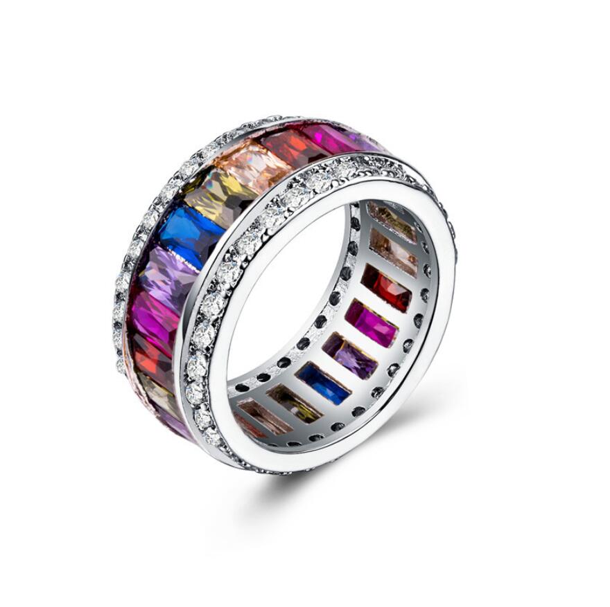 Size 6-10 Luxury Jewelry 925 Sterling Silver Princess Cut Multi Color CZ Diamond Amethyst Gemstones Women Wedding Circle Band Ring Gift