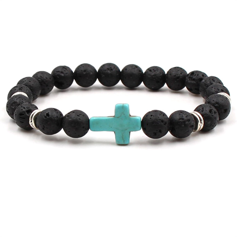 Cross Charm Blue Beaded Men Bracelets 8mm Black Lava Stone Beads Bracelets Bangles for Women Yoga Jewelry