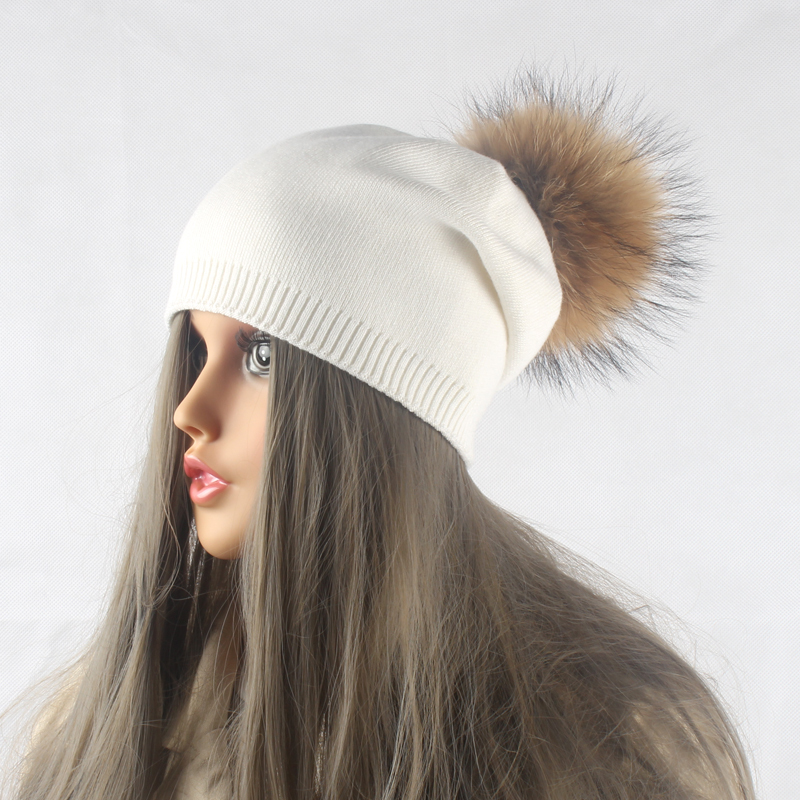 Women winter wool knitted hats pompom beanie natural fox fur pompons hat solid color causal hat cap D18110102