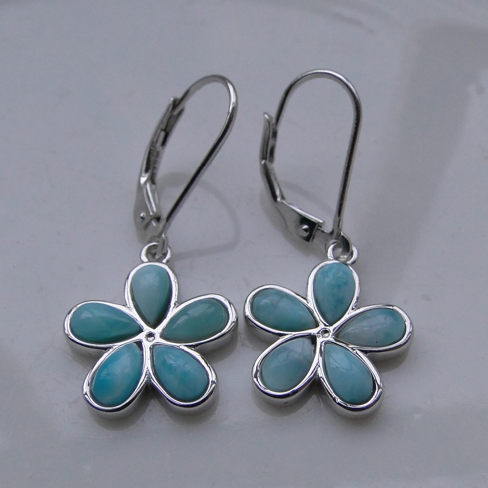 Natural Larimar Jewelry Flower Earring Fine Jewelry Silver Dangle Earrings 100% 925 Sterling Silver Jewelry for Girl's EarringY1883003