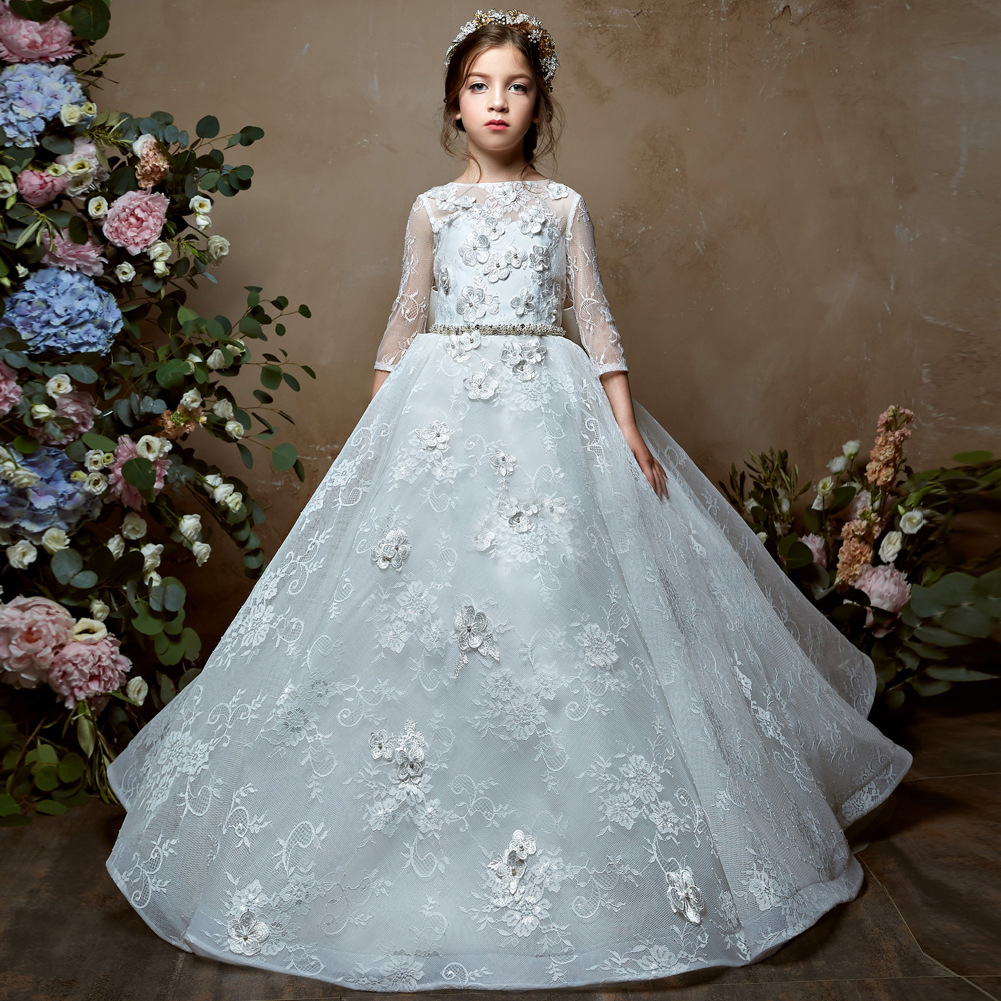 Miniature Wedding Dress 2026 3 Quarter Long Sleeves Big Bow Back Long First Communion Gown for Little Girls Handmade Flower Girl Toddler Infant Christ