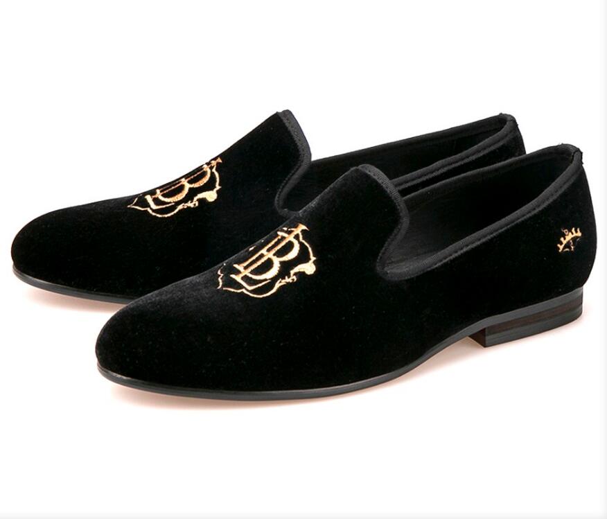 New style fashion men loafers gold embroidery handmade men velvet shoes party and wedding men's flat