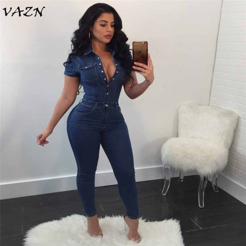 VAZN 2018 Sexy New Style Brand Fashion Women Denim Jumpsuits Night Club Turn-down Collar Short Sleeve Bodycon Rompers SMR8846, Blue
VAZN 2018 Sexy New Style Brand Fashion Women Denim Jumpsuits Night Club Turn-down Collar Short Sleeve Bodycon Rompers SMR8846, Blue
