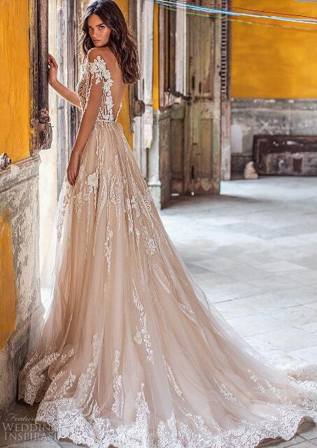 Lorenzo Rossi Lace A Line Wedding Dresses Illusion Long Sleeve Backless Bridal Gown Appliqued Beach Wedding Dress Plus Size