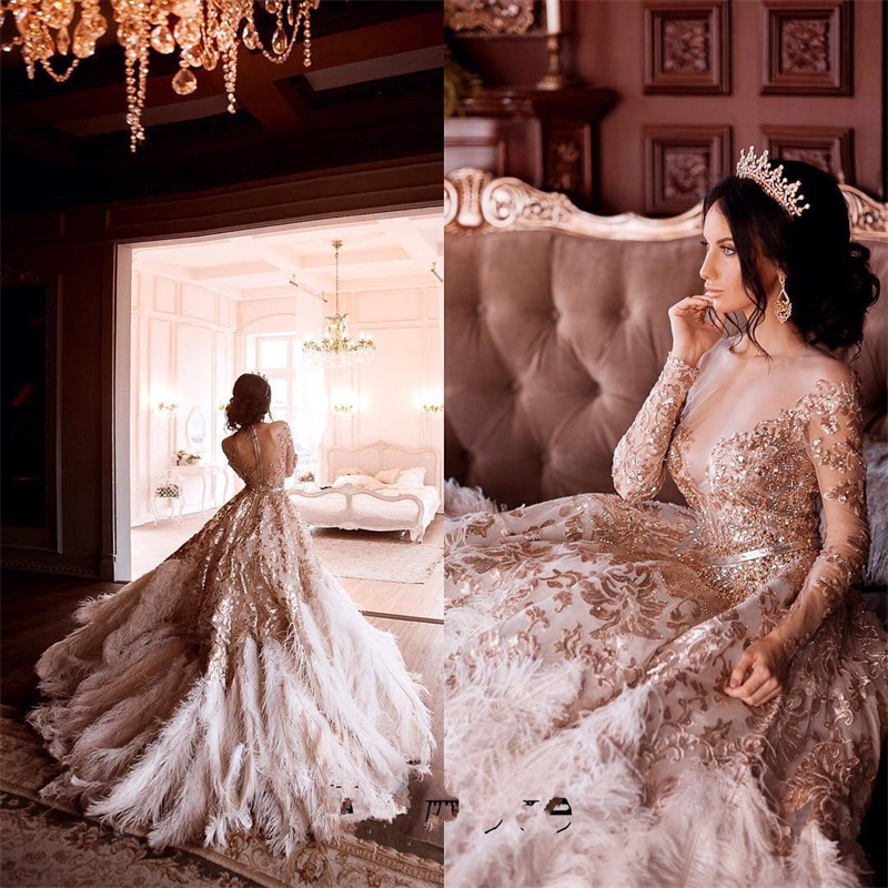 Luxury Feather Wedding Dresses Gold Long Sleeves Bridal Gowns Custom Bling Crystal Lace Vestido De Noiva