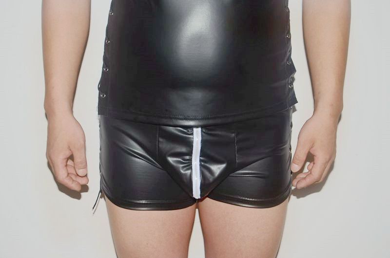 Men's Faux Leather Short Sleeve Tops and Shorts Underwear Sexy Lingerie 2 Piece Set Men Clubwear Nightclub Erotic Lingeries S18101509