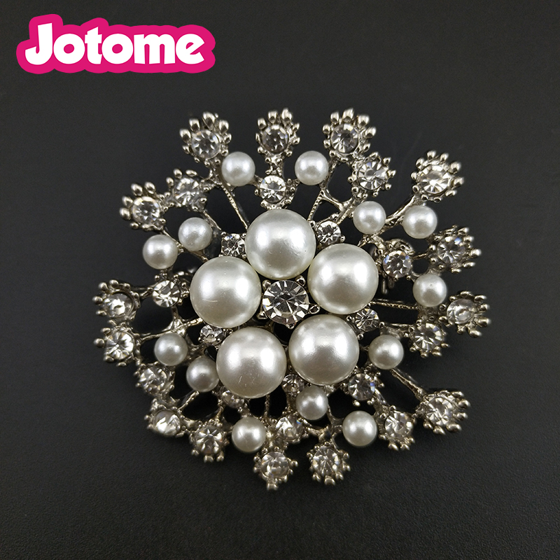 100pcs/lot Silver Tone Rhinestone Flower Brooch Pearl Brooch Pin