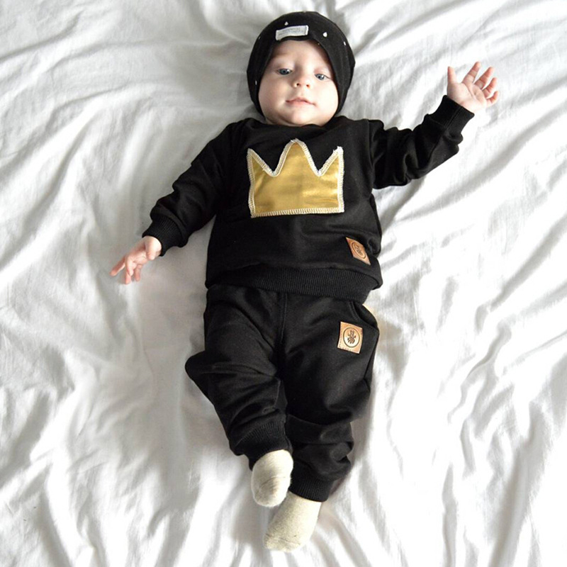 Boy long sleeved clothing top + pants 2 pcs sport suit children clothes set newborn crown baby clothing set suit