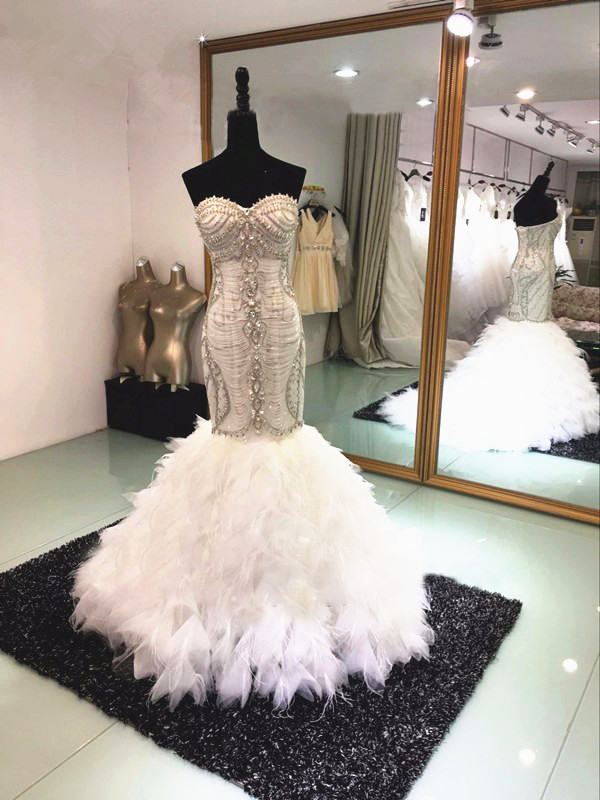 Beaded Crystal Mermaid Wedding Dress Sweep Train Bridal Gowns Lace Up Wedding Dresses with Feather Custom Made, Ivory
Beaded Crystal Mermaid Wedding Dress Sweep Train Bridal Gowns Lace Up Wedding Dresses with Feather Custom Made, Ivory