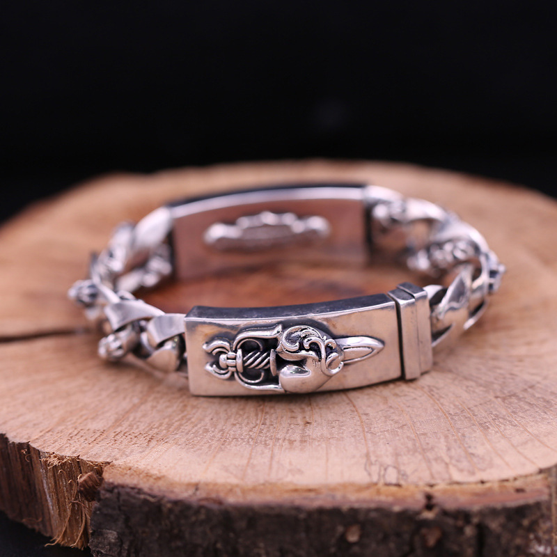 Gothic 925 sterling silver handmade jewelry American European antique silver heart sword thick link chain designer vintage men's bracelets