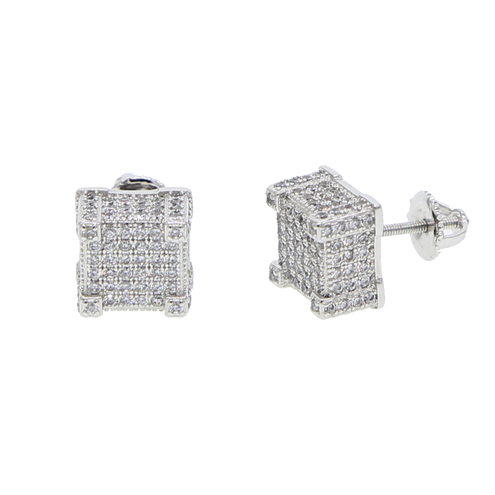 Men's Hip Hop Gold Screw Earrings: Iced Out Square-Shaped CZ Micro-Paved Studs