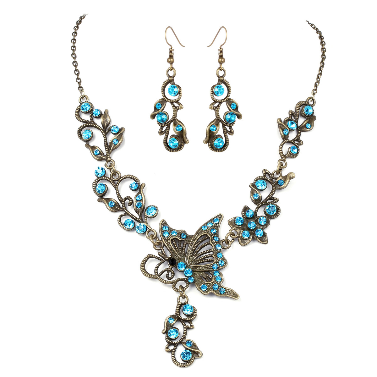 Low-cost wholesale bridal jewelry Rhinestone butterfly love flower earrings necklace Wild jewelry set