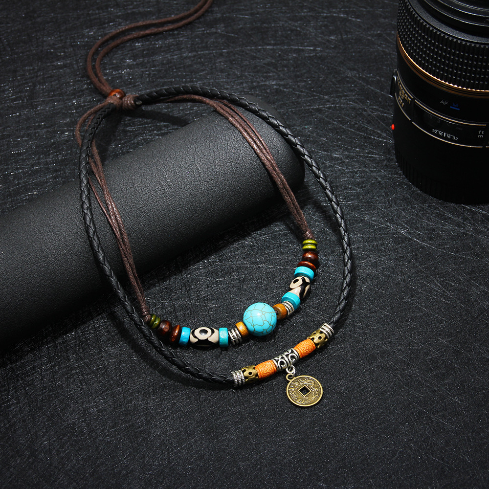 MNWT Ancient Coin Pendant Necklace/Multilayer Wood Beads Necklace Bohemian Fashion Jewelry Genuine Leather Men Necklaces