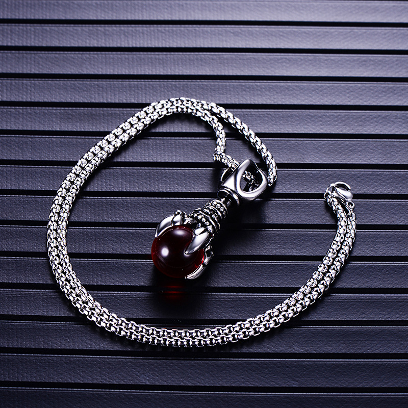 Stylish Men's 316L Stainless Steel Pendant Necklace with King Kong Dragon Claw Motif & Clear Glass Beads