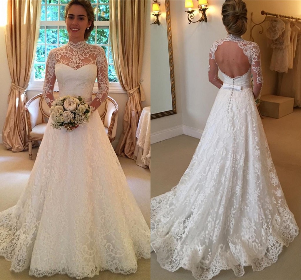 Sheer High Neck Long Sleeve Lace Wedding Dress Long Backless Sweep Train Vintage A Line Bridal Gowns vestido de novia, Ivory
Sheer High Neck Long Sleeve Lace Wedding Dress Long Backless Sweep Train Vintage A Line Bridal Gowns vestido de novia, Ivory