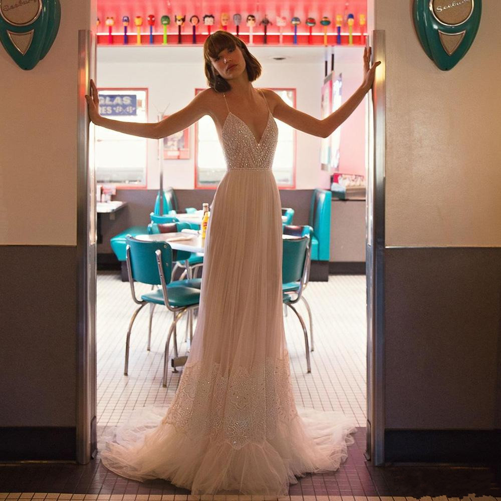 new ivory tulle beach wedding dresses spaghetti strap backless lace sequin beaded boho bridal gowns bride vestido de novia