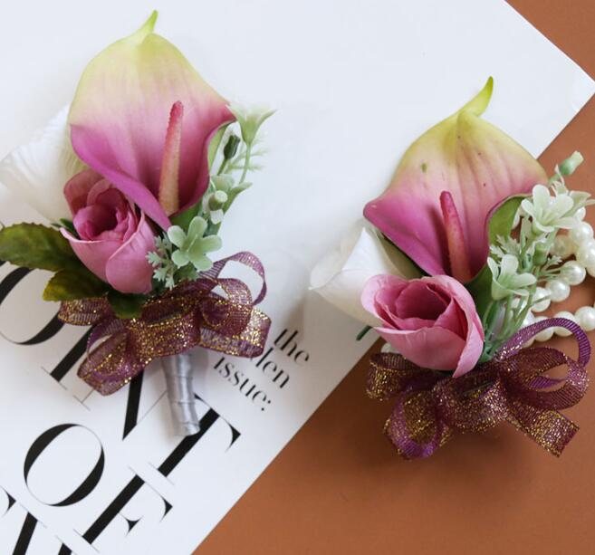 Boutonniere Wedding Corsages and Boutonnieres Ribbon Roses Callas Silk Flower Boutonnieres Groom Men Mariage Wedding Accessories