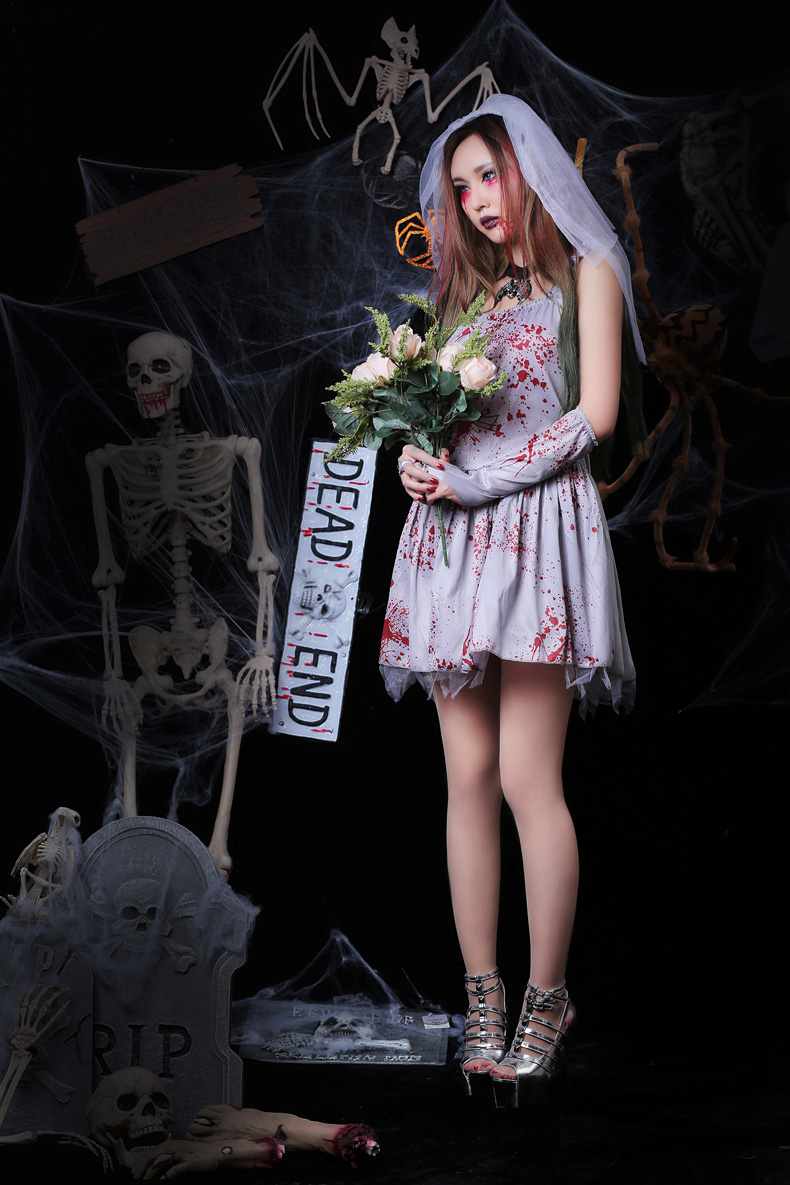 2018 New Arrival Halloween Costumes For Adults Vampire Bride Short Spaghetti Printed Blood Ployester Party Dress With Gloves + Veil In Stock