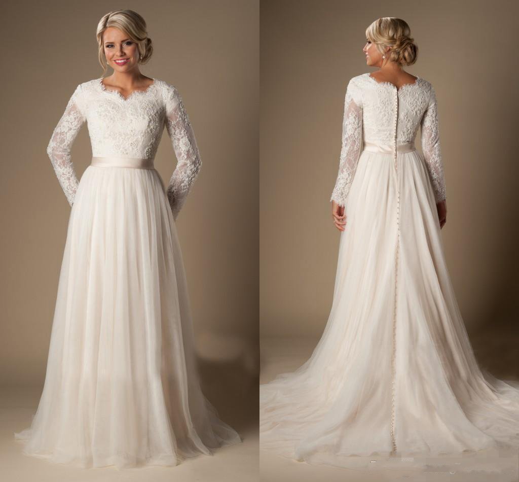 2019 Modest A-Line Lace Tulle Temple Wedding Dresses Long Sleeves V-Neck Sheer Sleeves Trains Buttons Back Bridal Gown Plus Size Arabic, White
2019 Modest A-Line Lace Tulle Temple Wedding Dresses Long Sleeves V-Neck Sheer Sleeves Trains Buttons Back Bridal Gown Plus Size Arabic, White