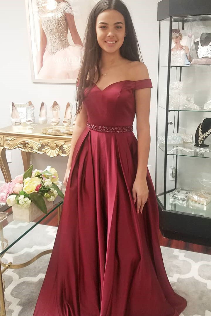 2022 Elegant Off the Shoulder Satin Burgundy Long Evening Dress Beaded Sash Floor Length Lace Up Back A-line Formal Prom Party Dress, Champagne
2022 Elegant Off the Shoulder Satin Burgundy Long Evening Dress Beaded Sash Floor Length Lace Up Back A-line Formal Prom Party Dress, Champagne