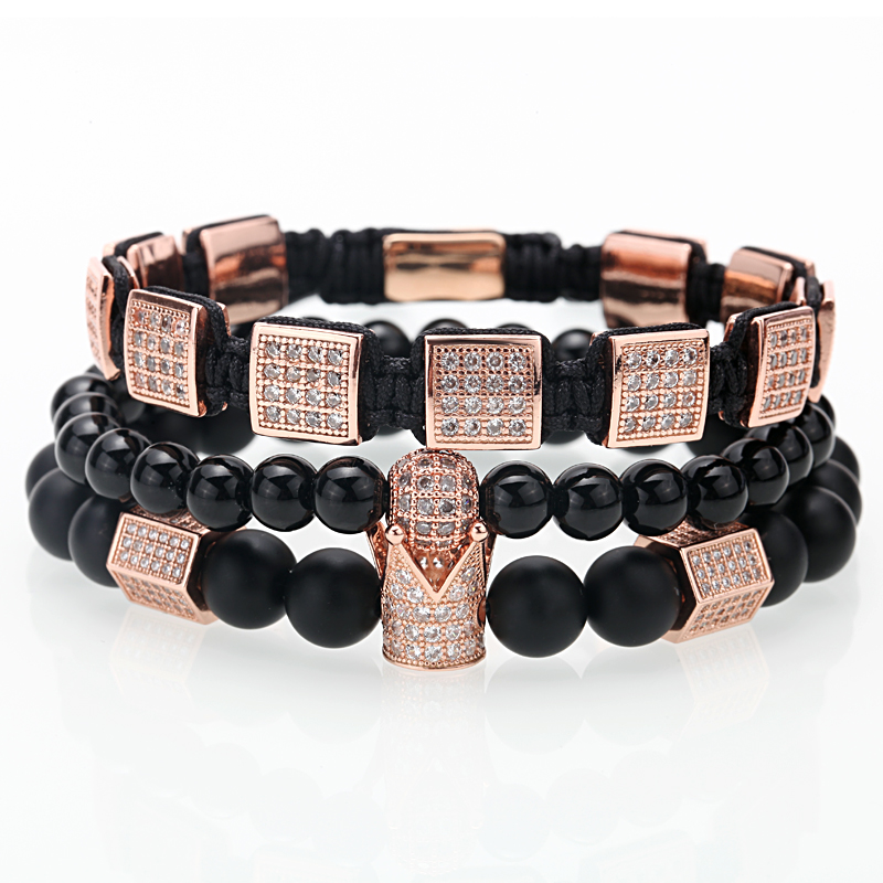 3pcs/set bracelet men/natural stone/beads/gold/charm/luxury/bracelet male hexagon crown charm braiding bracelets men jewelry Gift Valentine's Day