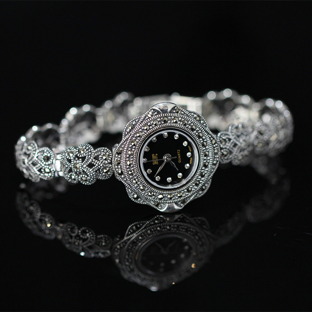 MetJakt Vintage Quartz Bracelet Watch with Zircon Solid 925 Sterling Silver Bracelet for Women's Thai Silver Jewelry